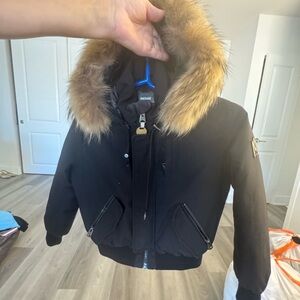 Mackage Black Bombet Jacket with Tan Fur Hood size 10 Boys